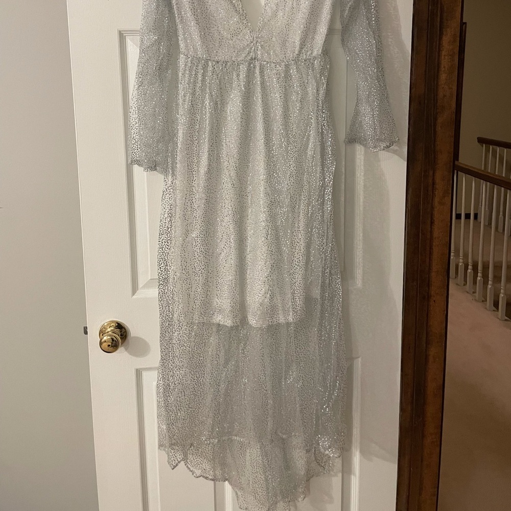 White Silver Shiny Long Dress with Sheer Sleeves and white underlining S - Picture 6 of 11